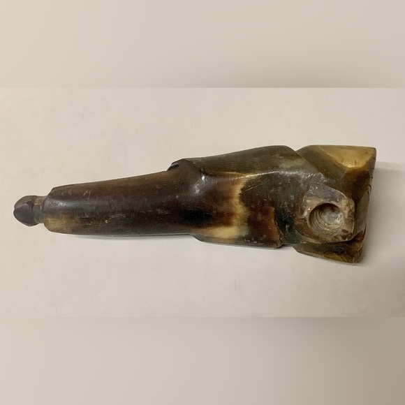 Antique Folk Artisan Hand Carved Bull Horn Figural Dog Head Cane Handle - Picture 4 of 16